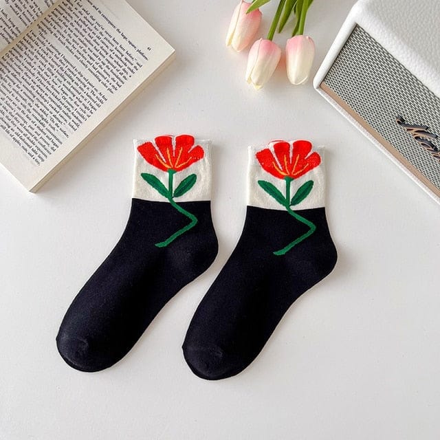 Witty Socks Socks Tulip Garden Black Red Flower Tulip Garden